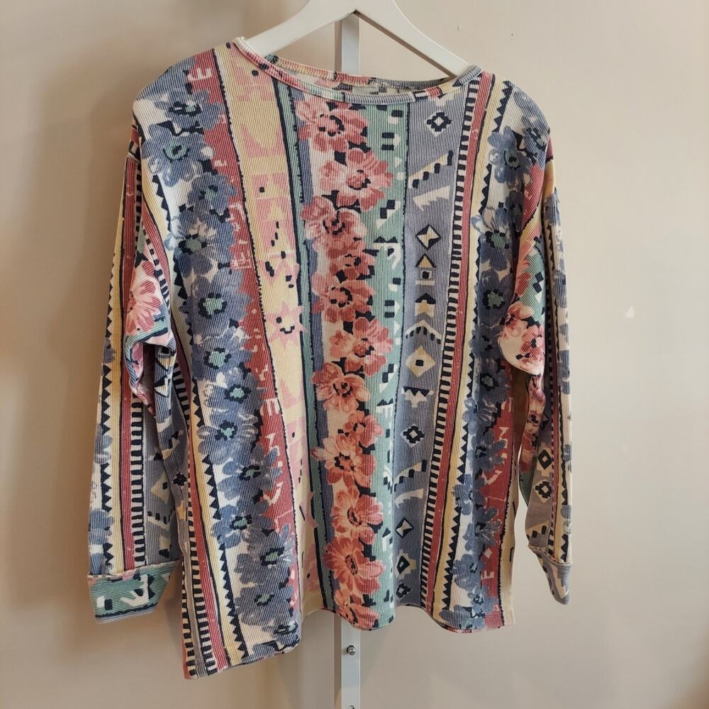 Vintage Oversized Pastel Floral Southwest Print Top Ribbed 3/4 Sleeve S/M - Picture 2 of 5